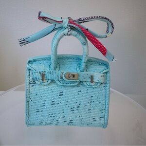 Handmade Mini Hair Calf Leather Bag Charm – Blue with Ribbon Bow